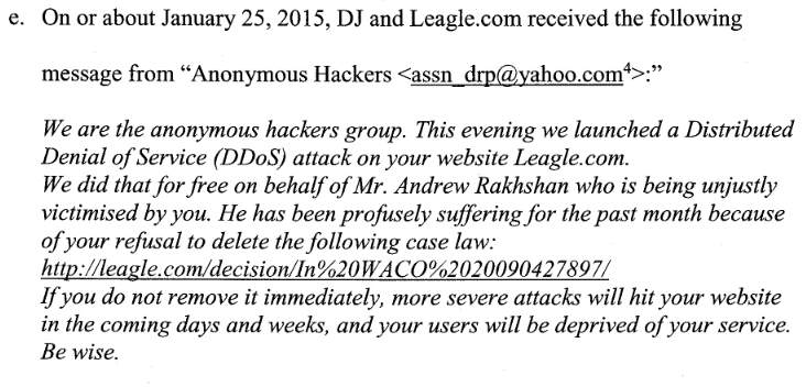 Copy of the message the suspect sent Leagle